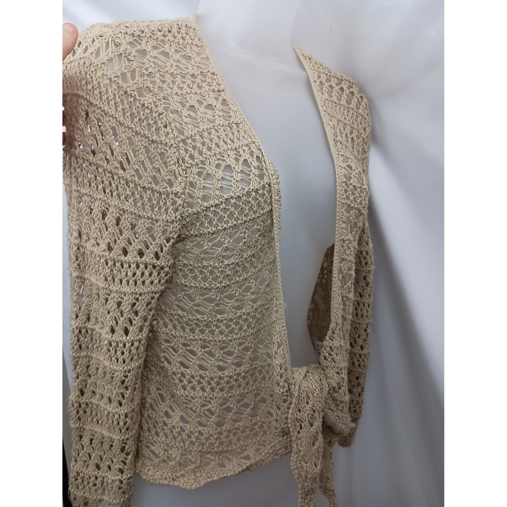 tan beachy sheer fairy y2k boho long sleeve cardigan shall crochet knit office L - Picture 6 of 7